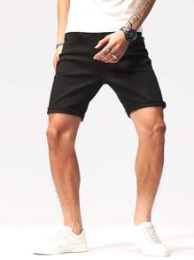 Manfinity Homme 男士基本款實色休閒卷邊牛仔褲 - 黑色 - 查看 7