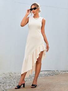 SHEIN Essnce Women Casual Vacation Solid Textured Asymmetrical Ruffled Hem Dress For Summer