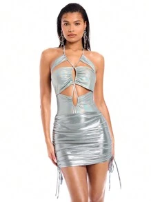 SHEIN BAE 銀色金屬包覆十字綁帶性感露背連身衣 - 銀色 - 查看 4