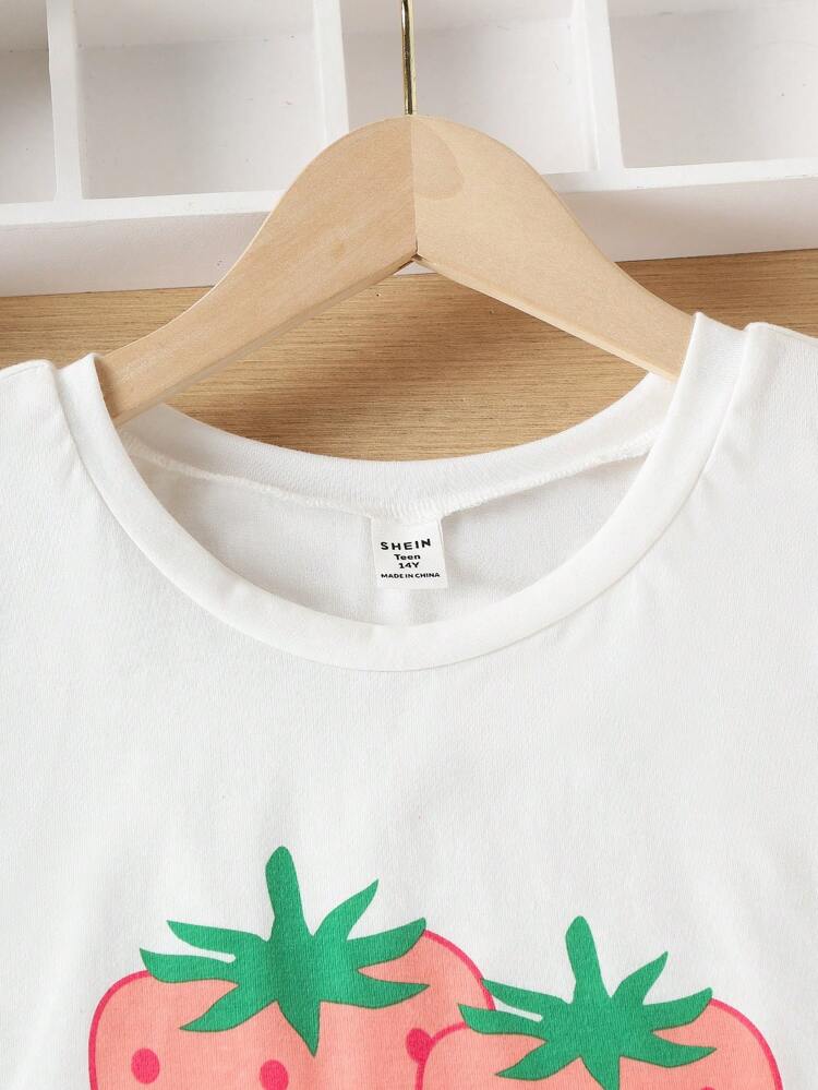 Teen Girls' White Strawberry Print Shorts And Short Sleeve Top Casual 2pcs Pajama Set