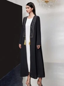 Al Najma 女士刺绣前开口流苏细节长袍，穆斯林时尚长袍，适合休闲/节日/聚会/旅行 - 黑色 - 查看 6