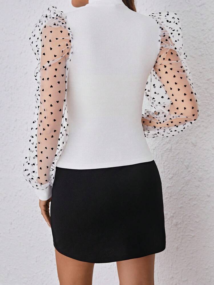 Women's Stand Collar Flocked Heart-Shaped Mesh Long Sleeve Top And Button-Adorned Wrap Skirt Two Pieces Set