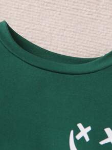 SHEIN Playful Pals Young Boys' Solid Color Sweatshirt And Pants Set With Expression Printing - Dark Green - View 5