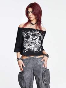 ROMWE Grunge Punk 骷髏頭圖案一字肩T恤 - 黑色 - 查看 2