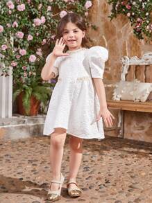 Rundhalsausschnitt Blumen Jacquardkleid Für Kleine Mädchen Mit Fake Perlen Gürtel Und Spitzenbesatz - Weiss - Übersicht 6
