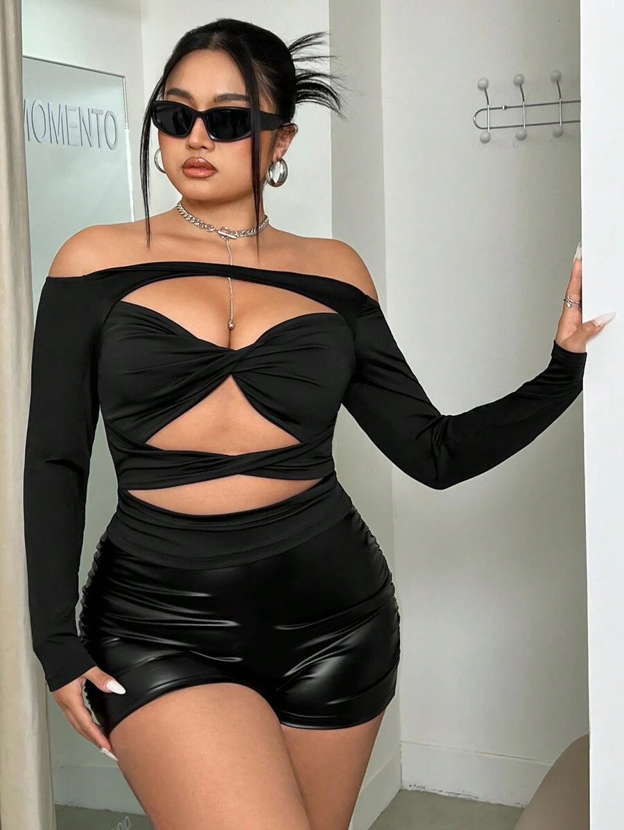 SHEIN ICON Plus Size Off Vai Knot & Chi tiết khoét rỗng Áo lò xo màu đen - màu đen - Xem 1