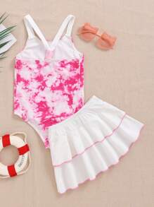 SHEIN Young Girls' Casual Tie-Dye Heart Print One-Piece Swimsuit With Skirt Set For Spring And Summer - Pink - View 2
