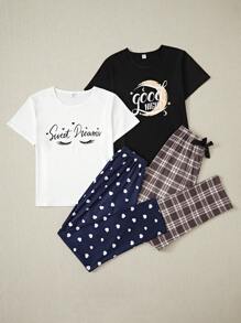 少女4入組簡約時尚的心臟、睫毛印花、月亮和英文字母印花t恤與棕色格紋褲子組合,適用於家居穿著 - 白色 - 查看 4