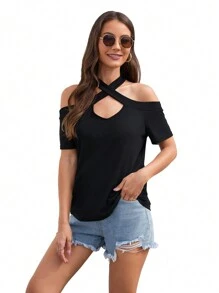 SHEIN LUNE Criss Cross Cold Shoulder Tee - Black - View 3