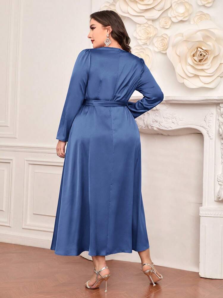 Plus Size Color Block Sequin Tassel Decorated Long Sleeve Belted Dress