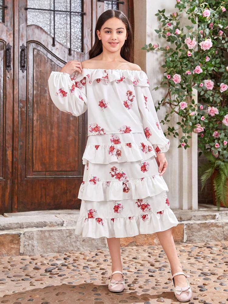 Tween Girl Off Shoulder Ruffle Crop Top With Floral Print And Tiered Flowy Skirt With Floral Print Set