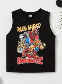 SHEIN Young Boy Leisure Cartoon Animal & Letter Printed Round Neck Tank Top