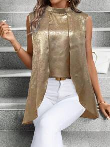 EMERY ROSE Metallic Small Stand Collar Sleeveless Blouse For New Year Holiday Party Clothes
