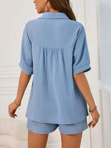 SHEIN Frenchy Ladies' Double Layered Gauze Shirt With Collar And Elastic Waist Shorts Spring/Summer Outfit - Blue - View 2