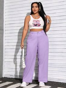 SHEIN EZwear 大尺碼休閒純色百搭牛仔褲 - 紫色 - 查看 5