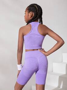 SHEIN 女青少年縫合針織提花賽車背心和短褲套裝 - 彩色 - 查看 2