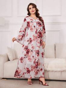 Al Najma Plus Size Women's Floral Print Modest Long Sleeve A-Line Abaya Dress, Chiffon Elegant Maxi Jalabiya