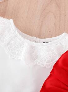 Baby Girl Lace Collar Puff Sleeve Top And Ruffle Hem Dress Set - Red - View 5