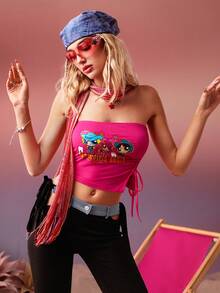 THE POWERPUFF GIRLS X SHEIN Hình ảnh hoạt hình và chữ cái Dây rút Xù Ống ngọn - Màu Hồng Tươi - Xem 7