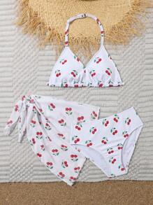 Tween Girls' Cherry Print Halter Neck Bikini Set With Separate Swimwear Summer Holiday - Multicolor - View 5