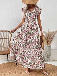 SHEIN LUNE 女士花卉印花盖袖连衣裙 - 酒紅色 - 查看 5