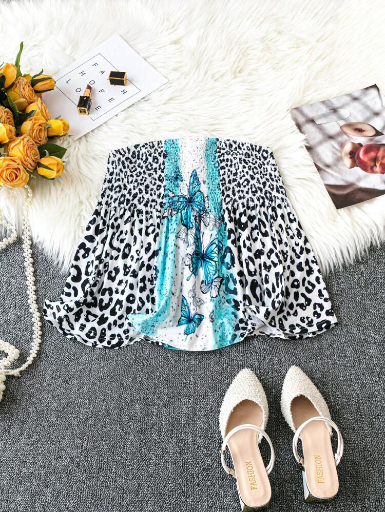 Plus Size Women's Leopard & Butterfly Print Shirred Panel Top Fall Cloth For Women