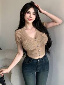 DAZY Cổ chữ V Nút xuống Ngắn tay Quần skinny Áo len Mở - Lạc đà - Xem 7