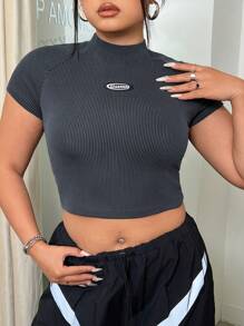 SHEIN ICON ملابس علوية محصورة ضيقة ومزخرفة بحروف كبيرة المقاس للمرأة، لفصل الصيف - أزرق بحري - مشاهدة 3