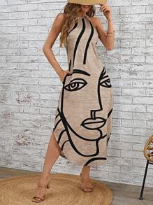 SHEIN LUNE Vestido sin mangas con estampado abstracto para mujer, informal - Caqui - Ver 6