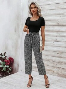 SHEIN LUNE Màu thuần Cổ vuông Thon gọn Áo thun Và Chấm bi In Thẳng Quần - Nhiều màu - Xem 3