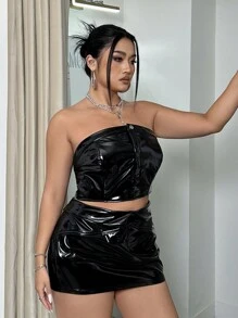 SHEIN ICON Kích thước lớn Quần bó Da bằng sáng chế Bộ , Bao gồm Xếp li Dây thắt lưng Áo nịt ngực Ống ngọn Và Váy - màu đen - Xem 5