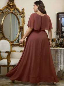 UNITHORSE Plus Size V-Neck Ruffle Trim Chiffon Bridesmaid Dress Elegant Dress - 紅木色 - 查看 2