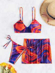 SHEIN Swim Color Block Printed V-Neck Bikini Set, 3pcs Swimwear Summer - Multicolor - View 5