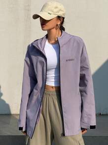 DAZY 字母印花拼色設計寬鬆連帽夾克 - 淺灰紫 - 查看 6
