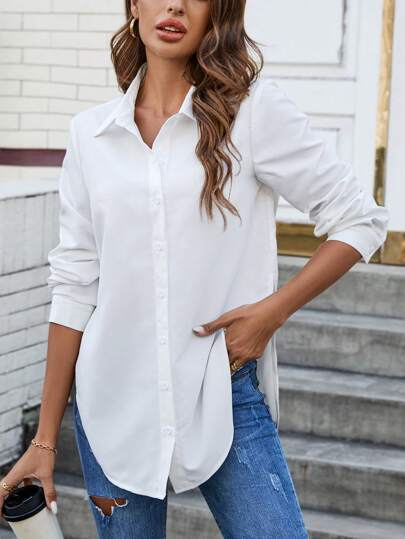 SHEIN LUNE 夏季女用舒適休閒開襟翻領高側開衩襯衫