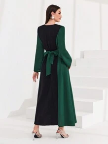 Al Najma Color Block Weaving Belt Patchwork Flare Sleeve Dress