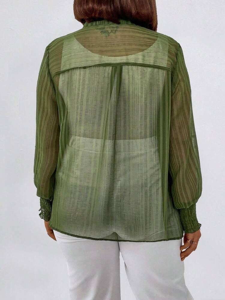 Plus Size Cut-Out Neckline Long Sleeve Sheer Blouse