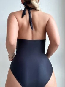 SHEIN Swim Summer Hollow Out Floral Printed Cross Halter One Piece Swimsuit - Black - View 2