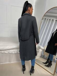 EURMUSE Waterfall Collar Dual Pocket Belted Overcoat - Dark Grey - View 2