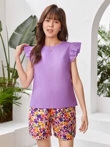 少女盖袖 T 恤和花卉印花短裤两件套 - 彩色 - 查看 3