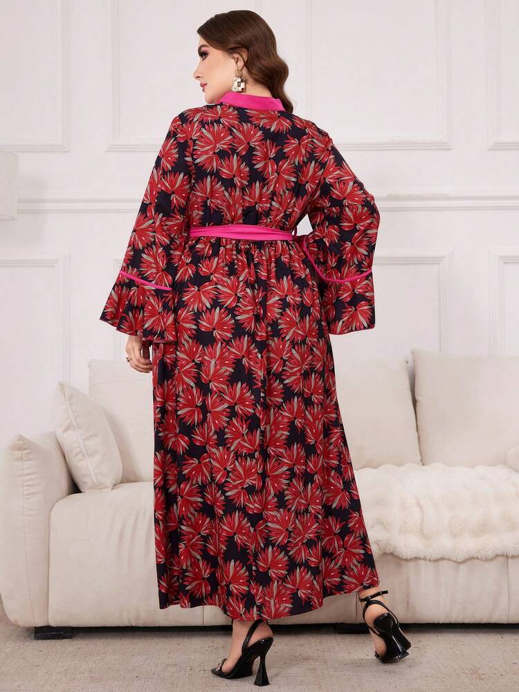 Plus Size Floral Print Notched Collar Dress With Waist Belt, Arabic Clothing Kaftan Jalabiya Dress