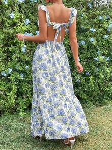 SHEIN Privé Floral Print Ruffle Cami Dress With Backless Design And Asymmetric Hem - Multicolor - View 3