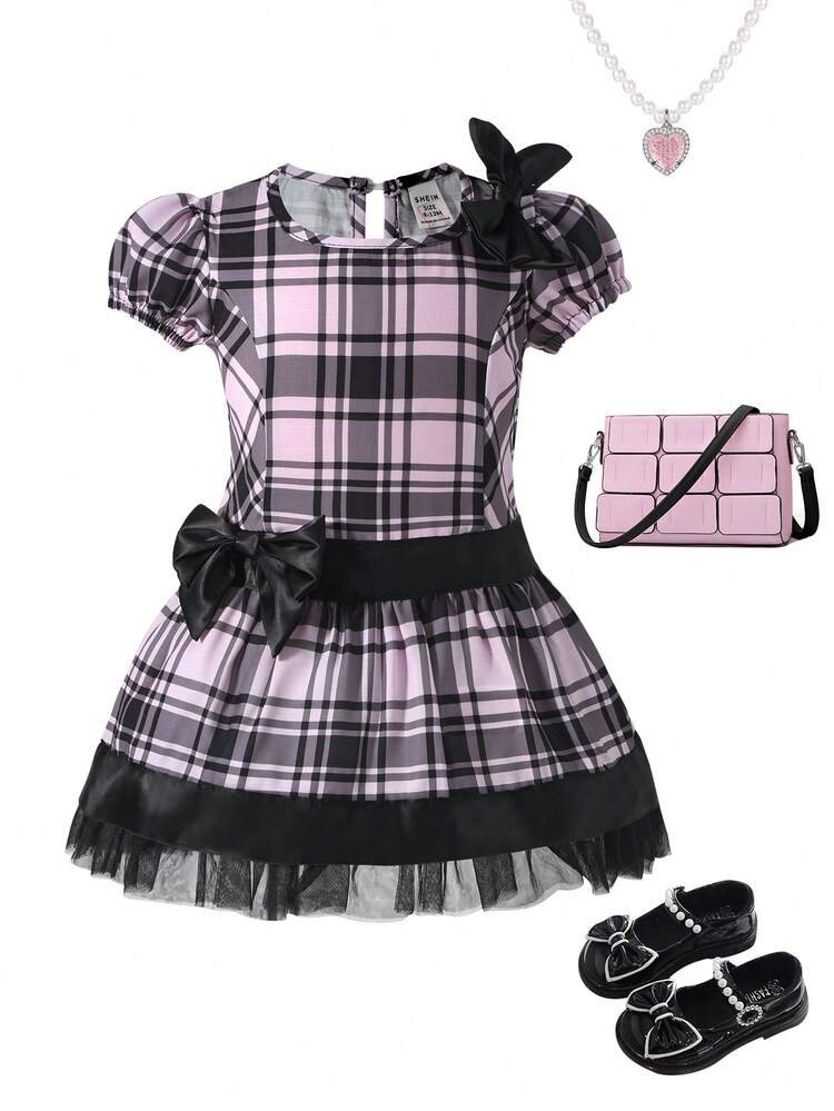 Baby Girls' Fashionable Retro Plaid Dress With Silk Ribbon, Bow Knot Decoration, Puff Sleeves, Low Waist And Fluffy Hem For Spring/Summer
