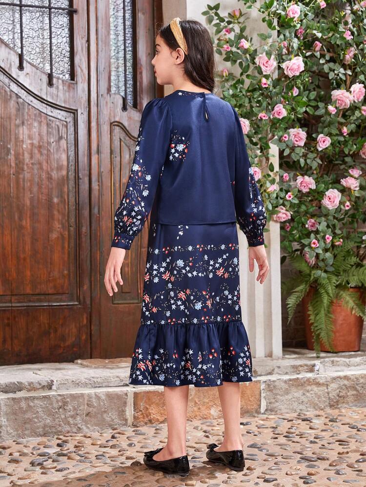 Tween Girl Set Of 2pcs Vintage Floral Patterned Round Neck Long Sleeve Shirt With Ruffle Trim Skirt & Matching Outfits For Mommy And Me (Each Set Sold Separately)