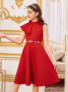 SHEIN Váy dài vừa vặn dễ thương dành cho bé gái tuổi teen với viền bèo nhún, cổ đứng và thiết kế không tay theo phong cách cung điện - Đỏ - Xem 4