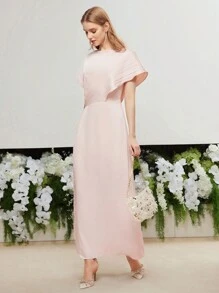 MOTF PREMIUM WOVEN WOMEN'S SOLID PLEATED BATWING SLEEVE DRESS WEDDING GUEST DRESS WOMEN - Pink - View 8