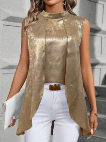 EMERY ROSE Metallic Small Stand Collar Sleeveless Blouse For New Year Holiday Party Clothes