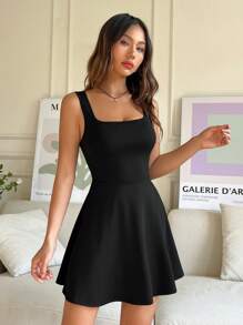 Muchica Solid Color A-Line Square Neck Sleeveless Dress - Black - View 6