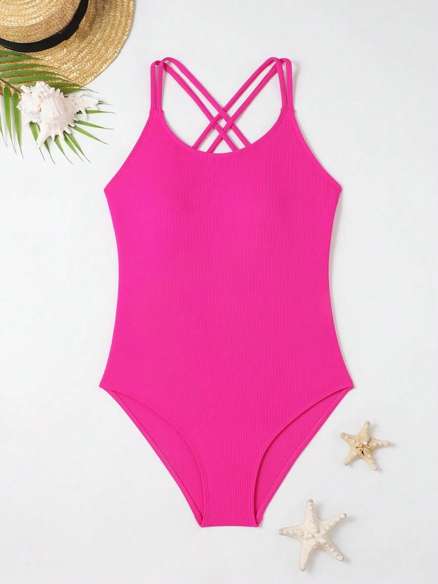 Teen Girls' Crossed Back One Piece Swimsuit With Ribbed Details - Hot Pink - View 1
