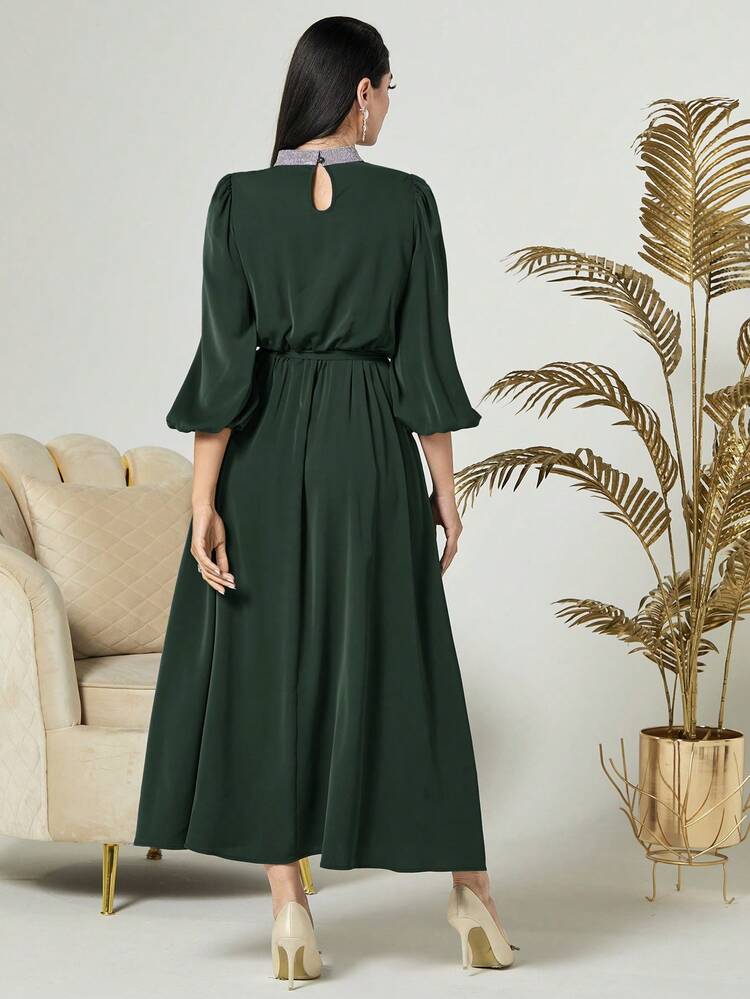Women's Arabian Style Lantern Sleeve Midi Dress With 3/4 Sleeves